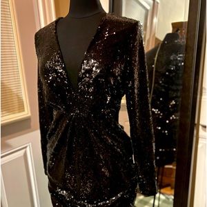 Sequinned, deep V cut, back zip dress